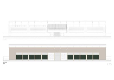 The image presents two architectural elevations, labeled as "east elevation" and "west elevation sta