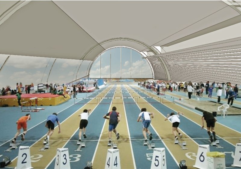 Fitness &amp; Sports Configuration – A dynamic transformation into an indoor track and training facility.