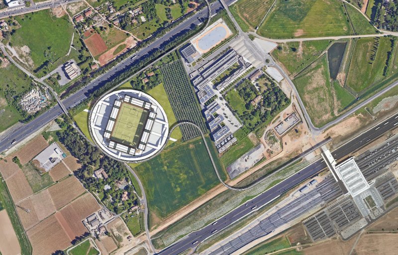 Top-Down Site Plan – A futuristic stadium seamlessly integrated into the urban landscape with adaptive architecture.