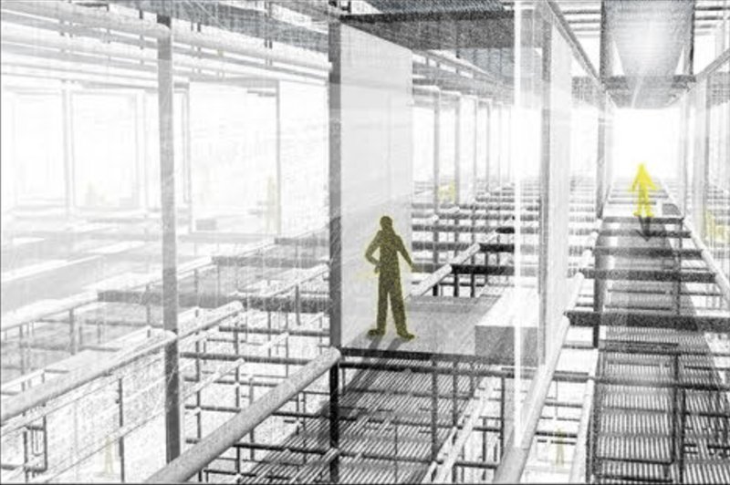 Prisoner’s Perspective – Elevated walkway emphasizing the transparency and openness of the rehabilitative environment.