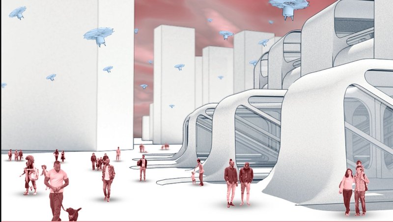 Futuristic Urban Hub – AI-integrated architecture fostering human interaction and automated drone deliveries.