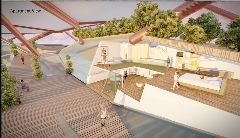 Apartment View – A conceptual rendering of residential spaces, highlighting open-air living, greenery, and community-oriented design.