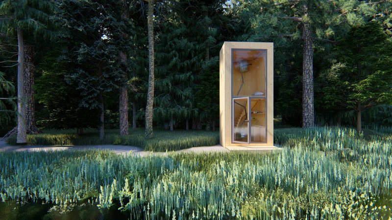 Compact meditation cabin designed for mindfulness, offering a seamless blend of simplicity and nature with a panoramic view.