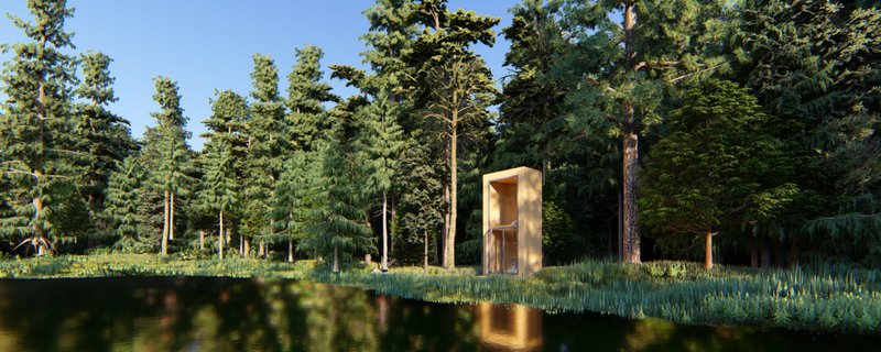 Minimalist off-grid meditation cabin harmonizing with nature, offering a peaceful escape by the water for reflection and relaxation.