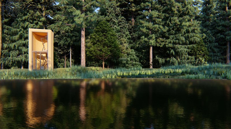 Reflection and serenity—an off-grid meditation cabin blending into nature, offering a peaceful escape by the water.