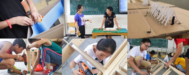 Children actively participating in the construction and design process, using tools and teamwork to bring the Hi Ladders High pavilion to life.