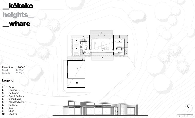 Floor plan and elevation drawing showing the linear layout with deck and separated shed volume