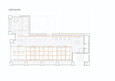 The image presents a lighting plan for an office space, depicted as a detailed floor plan. It showca