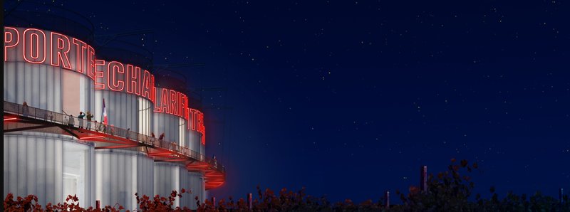 Illuminated Silos – A striking nighttime view of the stadium, highlighting its adaptive reuse of silos with bold neon signage.