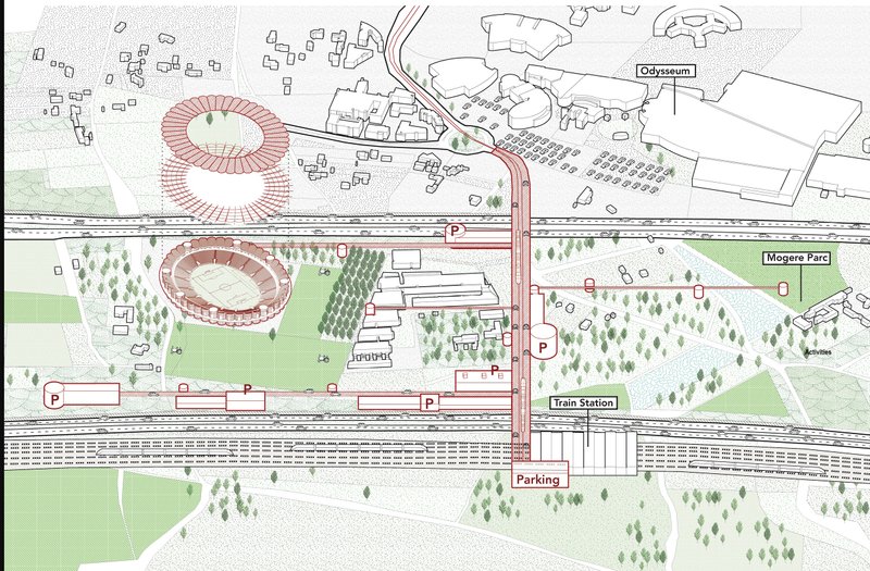 Urban Integration – A master plan showcasing the seamless connection between the stadium, public transport, and surrounding green spaces.