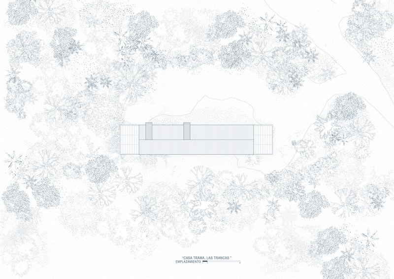 Site plan showing a linear structure surrounded by dense tree canopy drawn in fine line detail