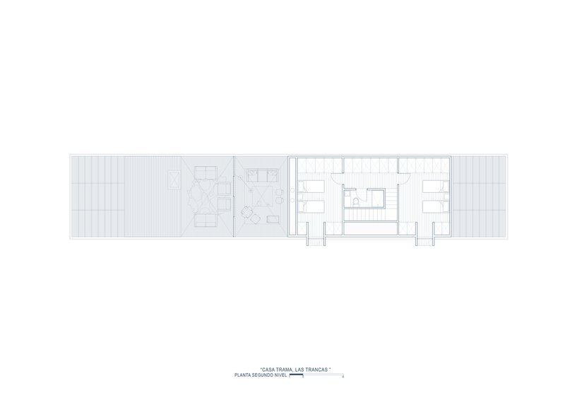 Second level floor plan showing bedrooms and deck spaces flanking a central stair and bathroom core