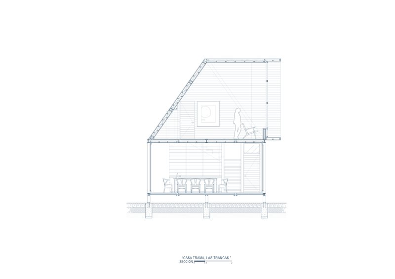 Section drawing revealing sloped roof, deck with figure walking, and dining area with chairs below