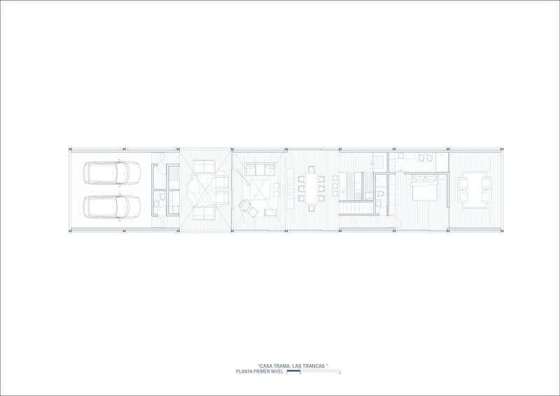 First level floor plan showing garage, living areas and bedroom with dimensions marked above