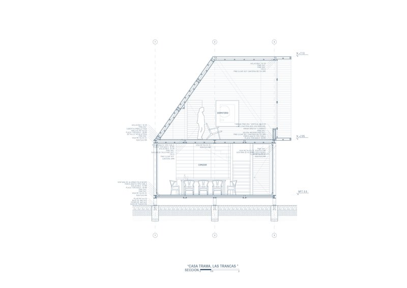 Annotated section drawing showing sloped roof construction, interior levels with walking figure, and material callouts