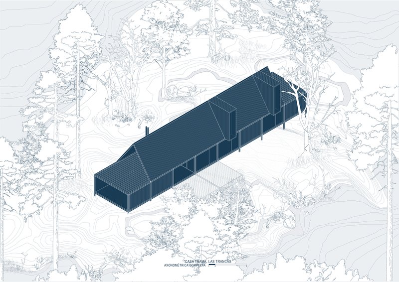 Axonometric drawing showing a linear building nestled among contour lines and vegetation