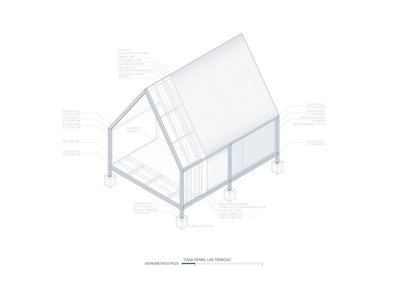 Exploded axonometric drawing of a small gabled structure with labeled material components
