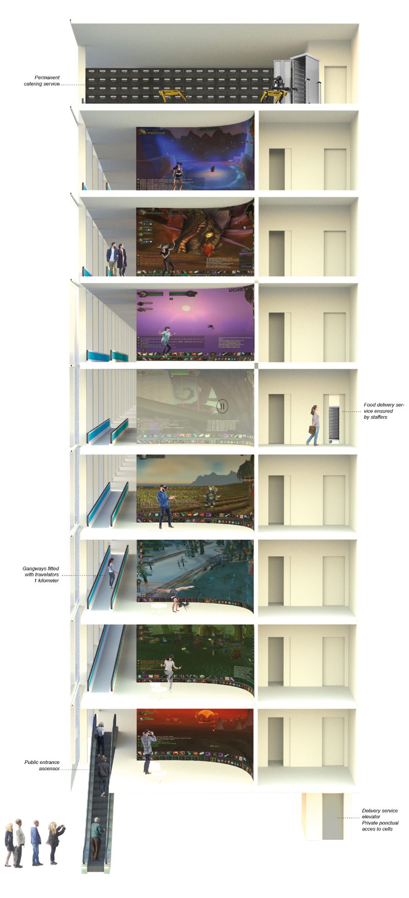 Stacked Gaming Cells: A vertical arrangement of gaming spaces with dedicated player accommodations.