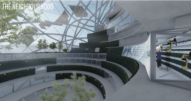 Interior rendering of a spiraling atrium with planted terraces and white diagonal structural framework overhead