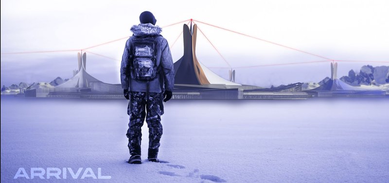 Explorer's Arrival – A lone traveler approaches the futuristic Arctic settlement.