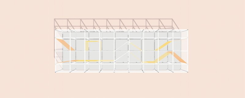 A minimalist architectural design showcasing dynamic light paths through geometric forms, highlighting structure and motion.