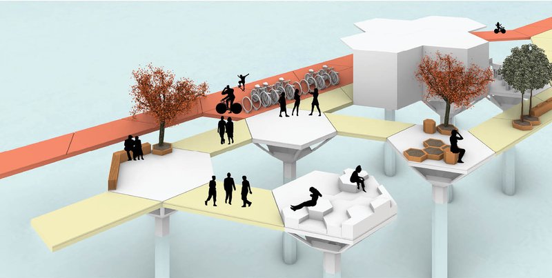 Bridge Masterplan – Top-down view displaying pedestrian and biking pathways with activity zones.