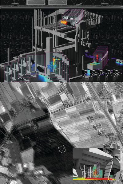 This architectural image presents a deconstructed and layered view of a conceptual design. It combin
