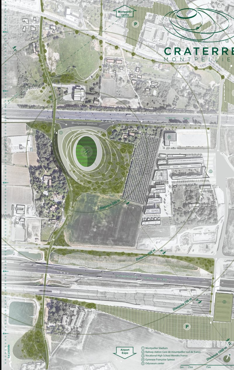 Masterplan – Aerial site layout showcasing the sustainable stadium within its urban ecosystem.
