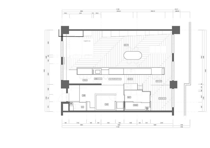 Floor plan drawing showing open kitchen with island and adjacent bathroom and storage zones