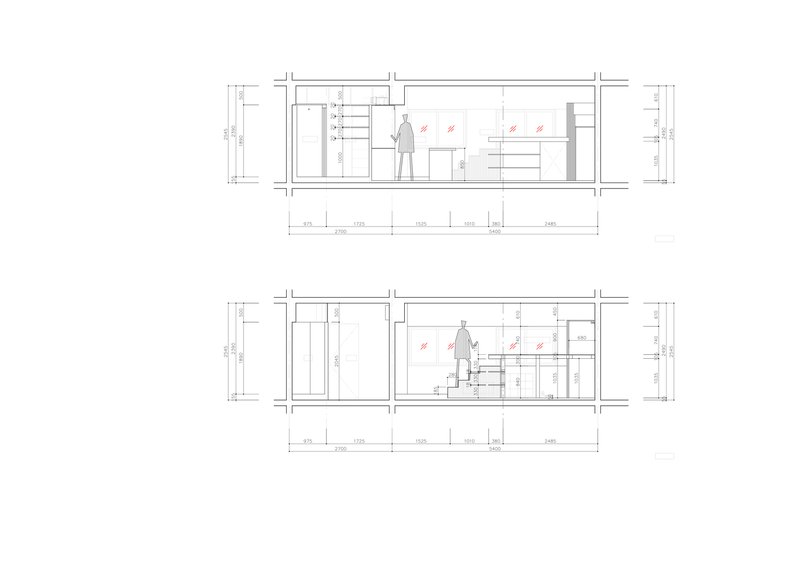Section drawings showing interior spatial relationships with human figure for scale in kitchen and living areas