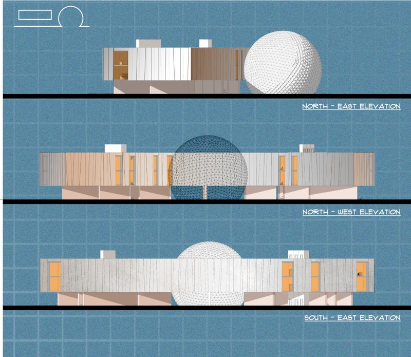 Elevations: North-East, North-West, and South-East views highlighting the futuristic facade and spatial relationships.
