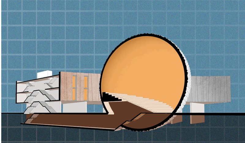 Perspective Section: A cut-through view showcasing the innovative integration of the sphere and cuboid structure.