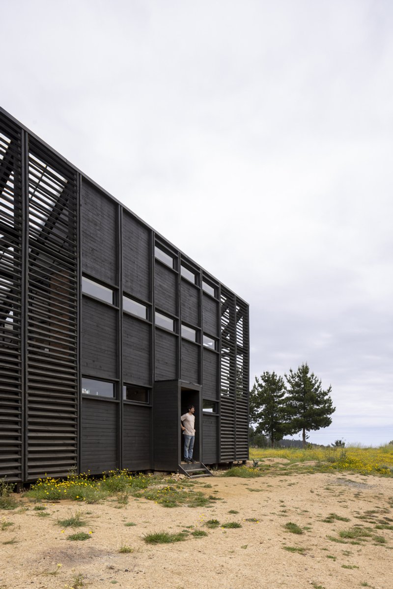 Black louvered facade with gridded windows facing sandy terrain and a distant tree under overcast skies