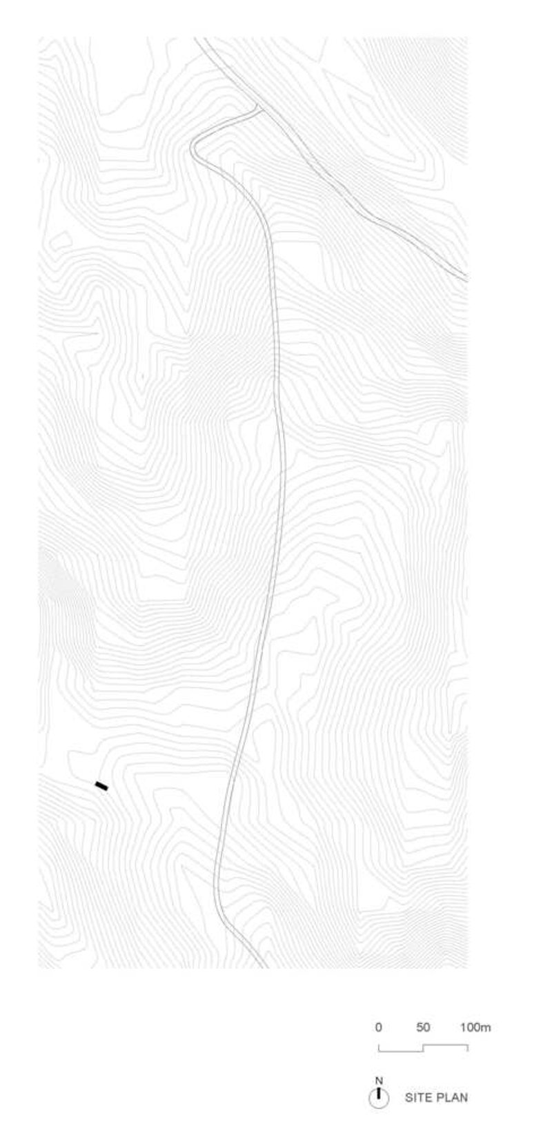 Site plan drawing showing topographic contours and linear structure placement on sloping terrain