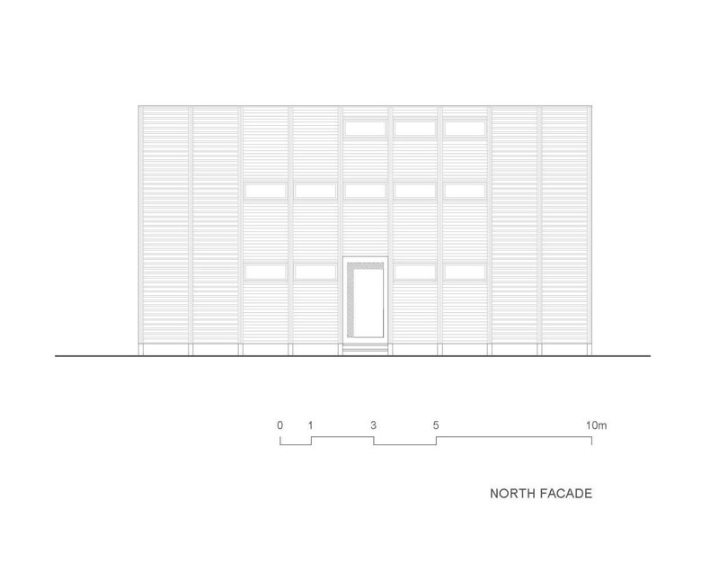 North facade elevation drawing depicting horizontal slatted panels with vertical window bays and ground-level entrance