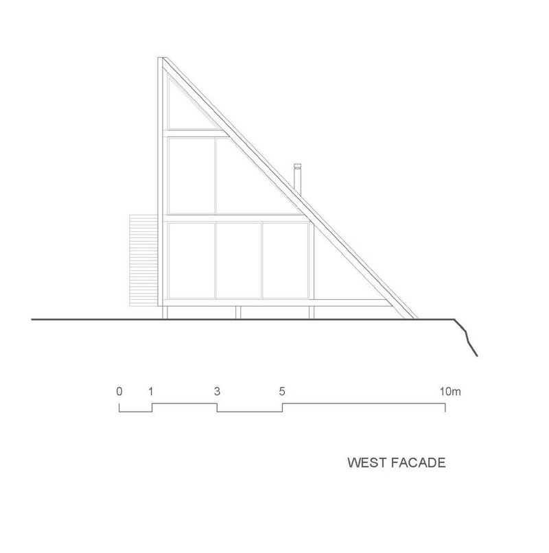 West facade elevation drawing showing a triangular roof profile with glazed openings below the sloping roofline