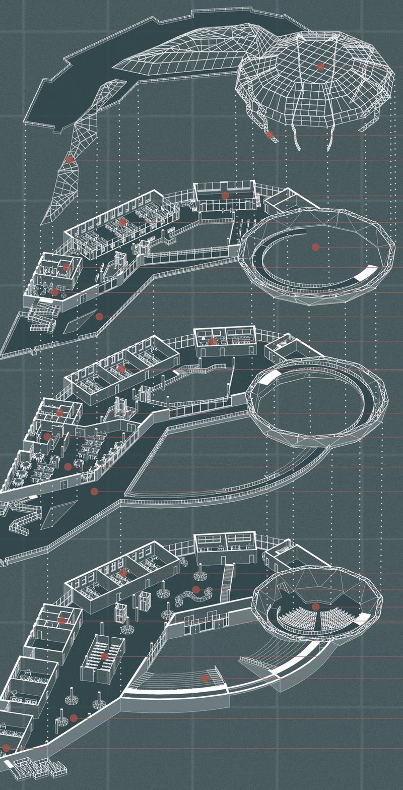 A detailed sectional drawing showcasing the multi-level futuristic architectural design, integrating learning and recreation spaces.