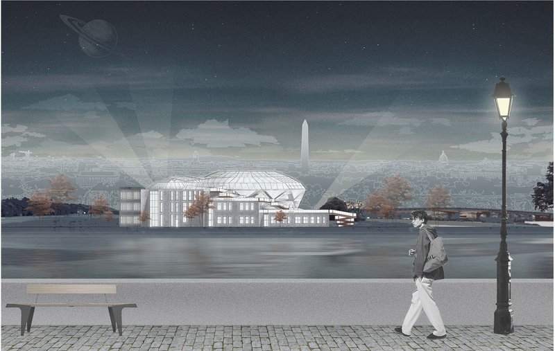 A luminous beacon of knowledge—The Education Space Center glows under the celestial night, blending futuristic architecture with cosmic inspiration.