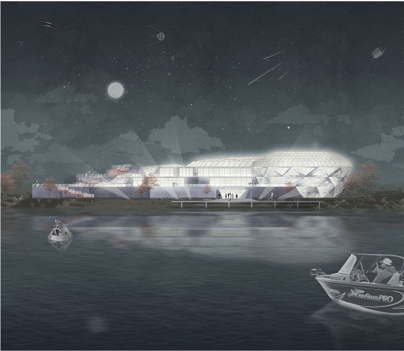 The luminous architectural design glows under the night sky, symbolizing the fusion of science and innovation.