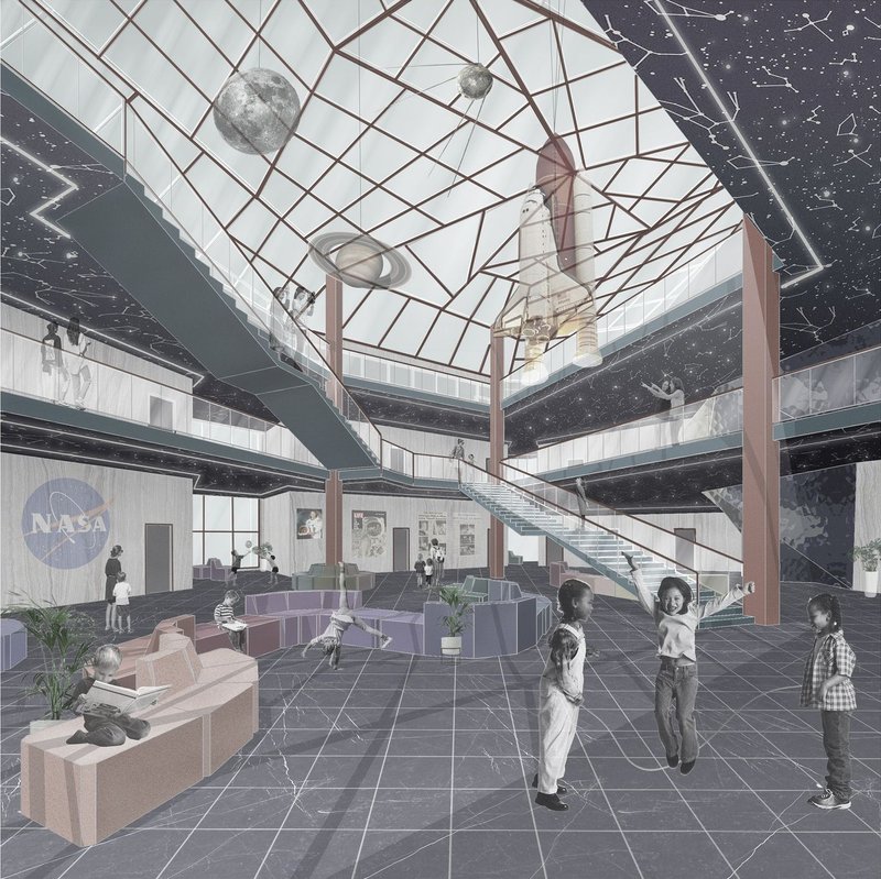 The atrium of the space center, filled with cosmic installations and an immersive environment, fosters curiosity and engagement in young minds.