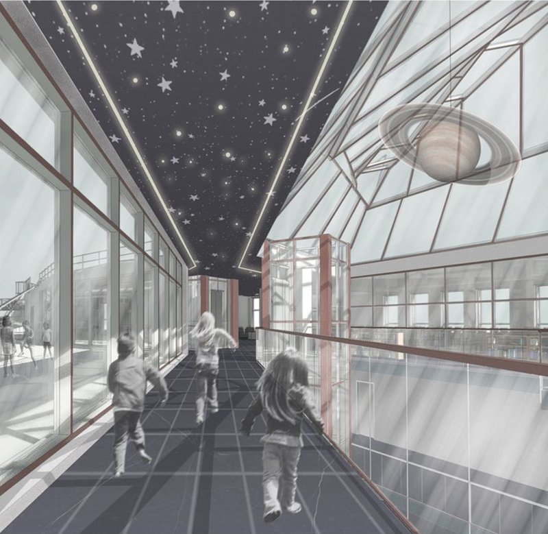 Children run through an inspiring, futuristic hallway with a starry ceiling and celestial decor, embodying the space education theme.