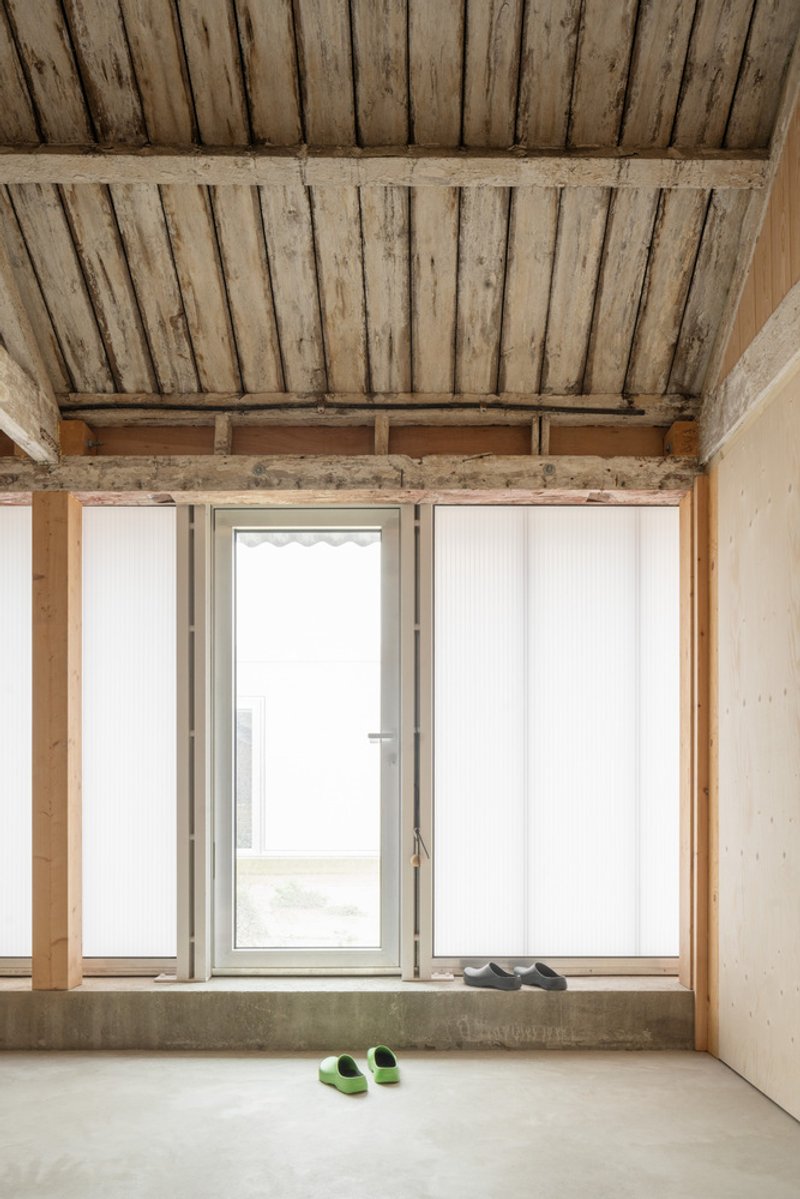 Glazed door flanked by sidelights under exposed timber ceiling beams and plank soffit