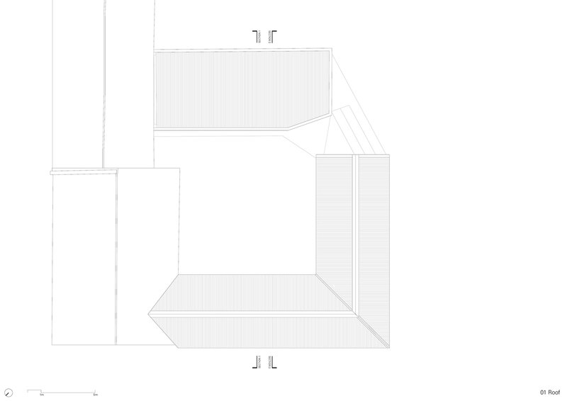 Roof plan drawing showing three interconnected volumes with canted corners and roof hatching patterns