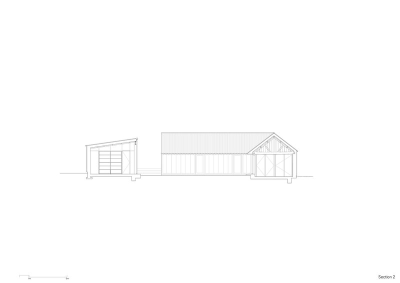 Section drawing showing a low shed-roofed volume adjacent to a gabled structure with exposed trusses