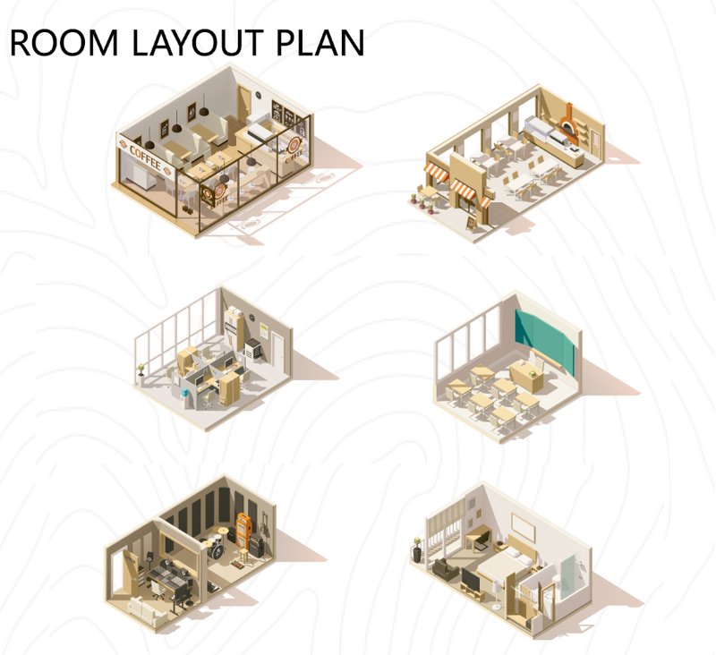 Room layout plan – Various functional space configurations within the modular system.