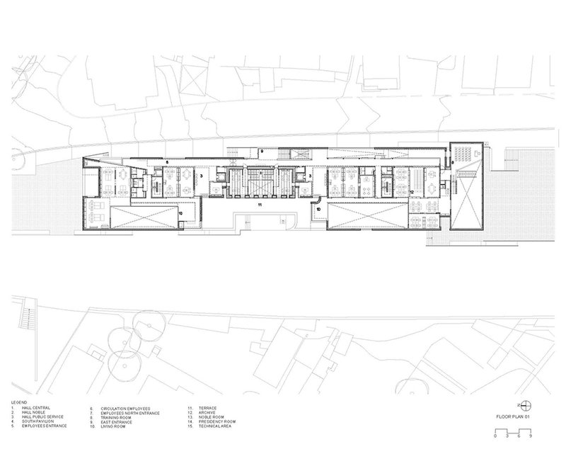 Floor plan drawing revealing the upper level layout with office spaces and outdoor terraces