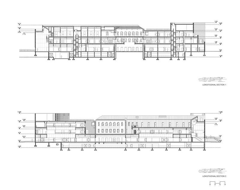 Longitudinal section drawings showing multi-level interior spaces with arcaded central hall and lateral volumes