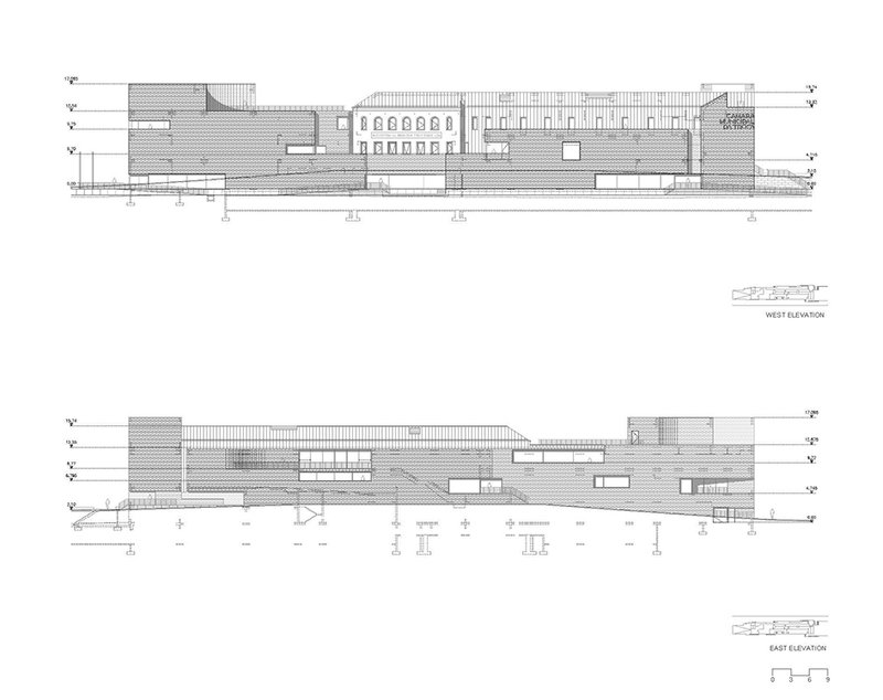 West and east elevation drawings depicting horizontal massing with central arcaded volume and terraced side wings
