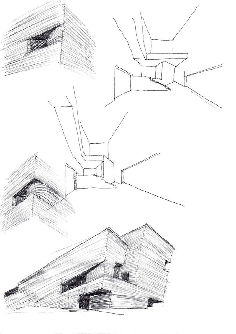 Pen sketch studies of angled volumes, interior corridor perspectives, and stacked horizontal facade panels