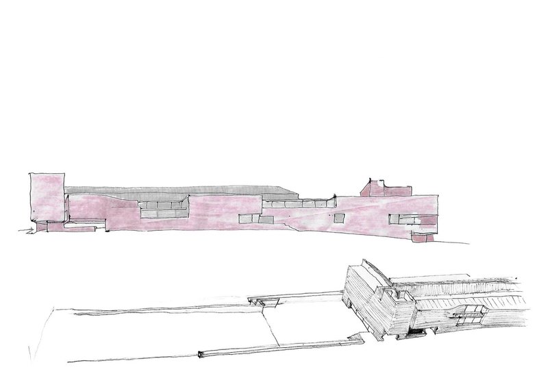 Elevation drawing with pink watercolor wash and aerial perspective sketch below